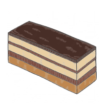 Layered cake with chocolate, cream, and sponge layers on a white background