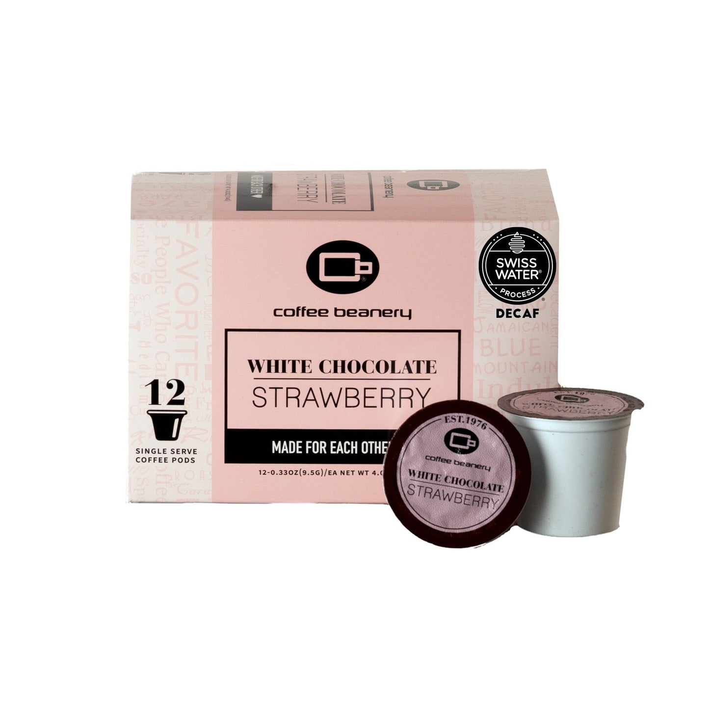 Coffee Beanery Exclusive 12ct Pods / Automatic Drip White Chocolate Strawberry Flavored SWP Decaf Coffee