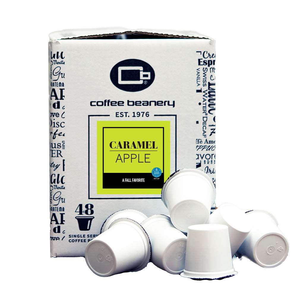 Coffee Beanery Flavored Coffee 48ct Bulk Pods Caramel Apple Flavored Swiss Water Process Decaf Coffee Pods
