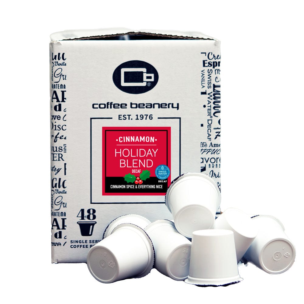 48-count bulk box of Cinnamon Holiday Blend Coffee Pods, decaf