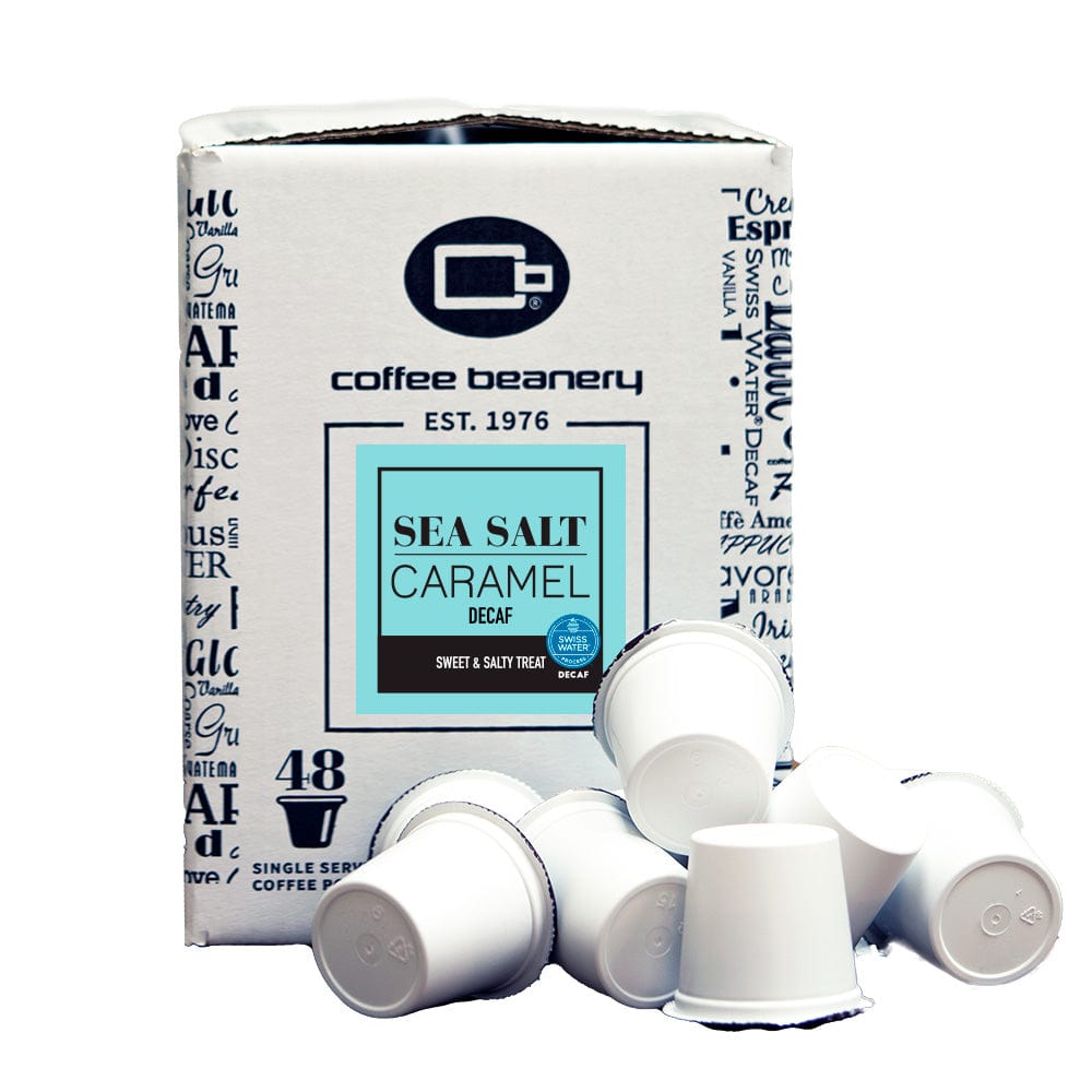 Coffee Beanery Flavored Decaf Coffee 48ct Bulk Pods / Automatic Drip Sea Salt Caramel Flavored Swiss Water Process Decaf Coffee
