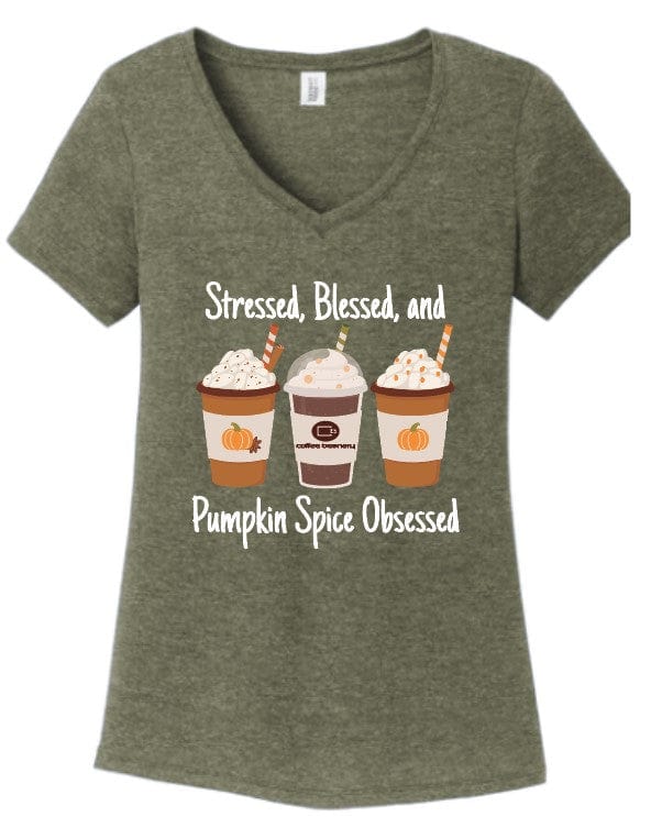 Coffee Beanery V-Neck / S PRE-ORDER Stressed, Blessed & Pumpkin Obsessed Shirts - Shipping in September