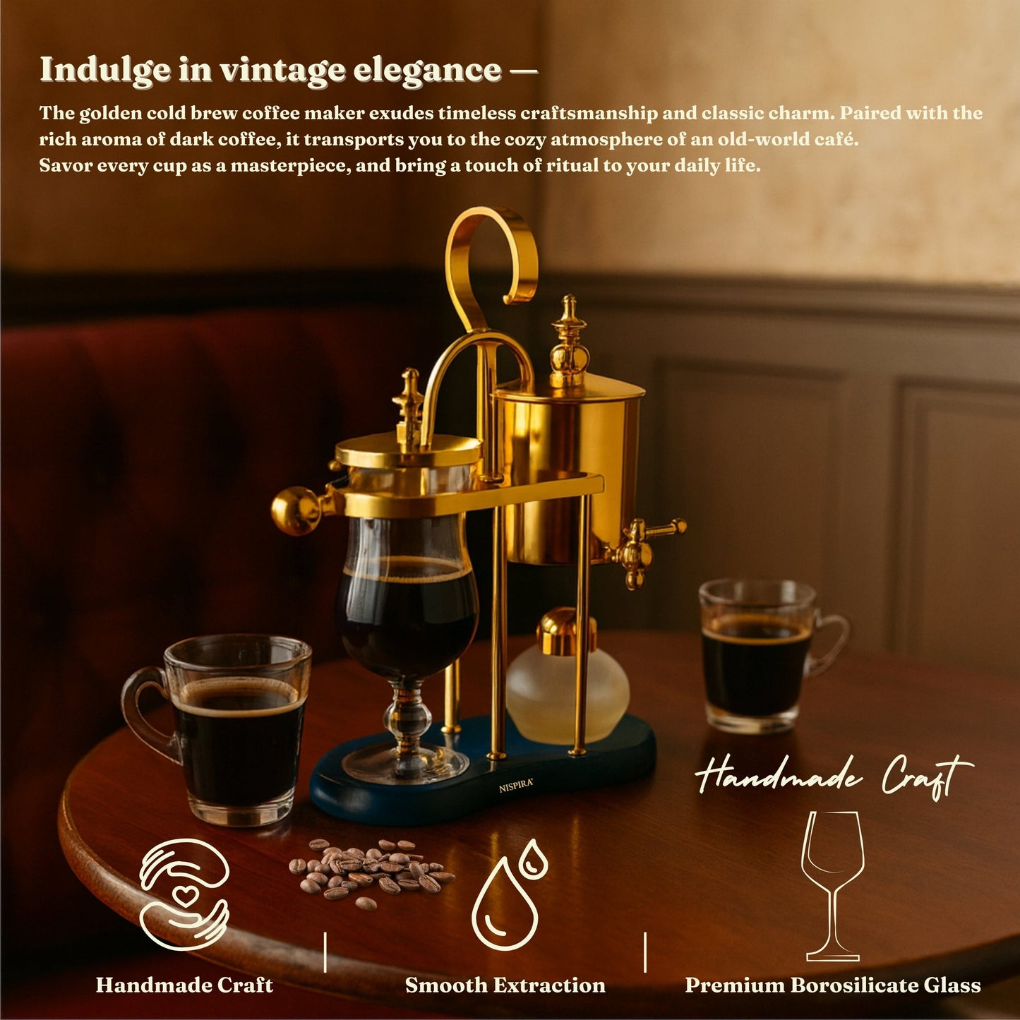 Nispira Coffee Maker Nispira Vintage Belgium Belgian Royal Balance Syphon Siphon Coffee Maker, Gold with Peacock Blue Base