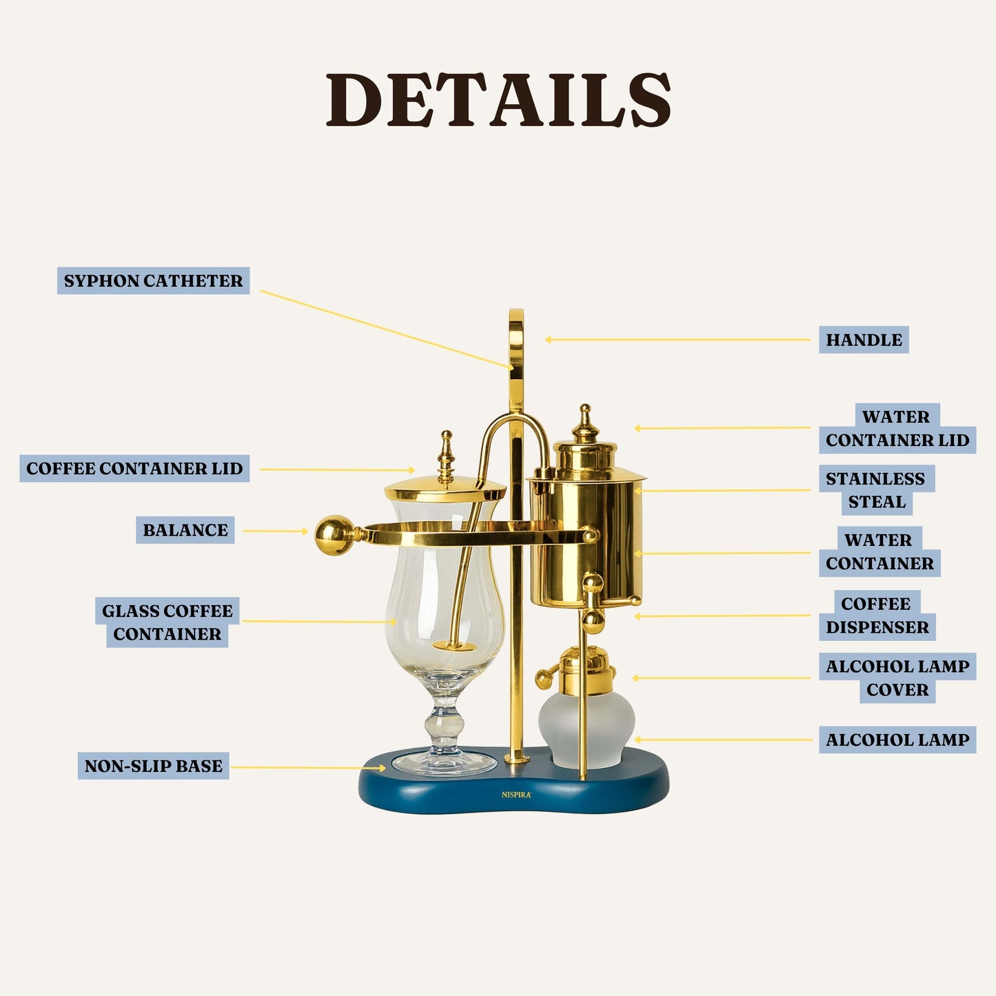Nispira Coffee Maker Nispira Vintage Belgium Belgian Royal Balance Syphon Siphon Coffee Maker, Gold with Peacock Blue Base