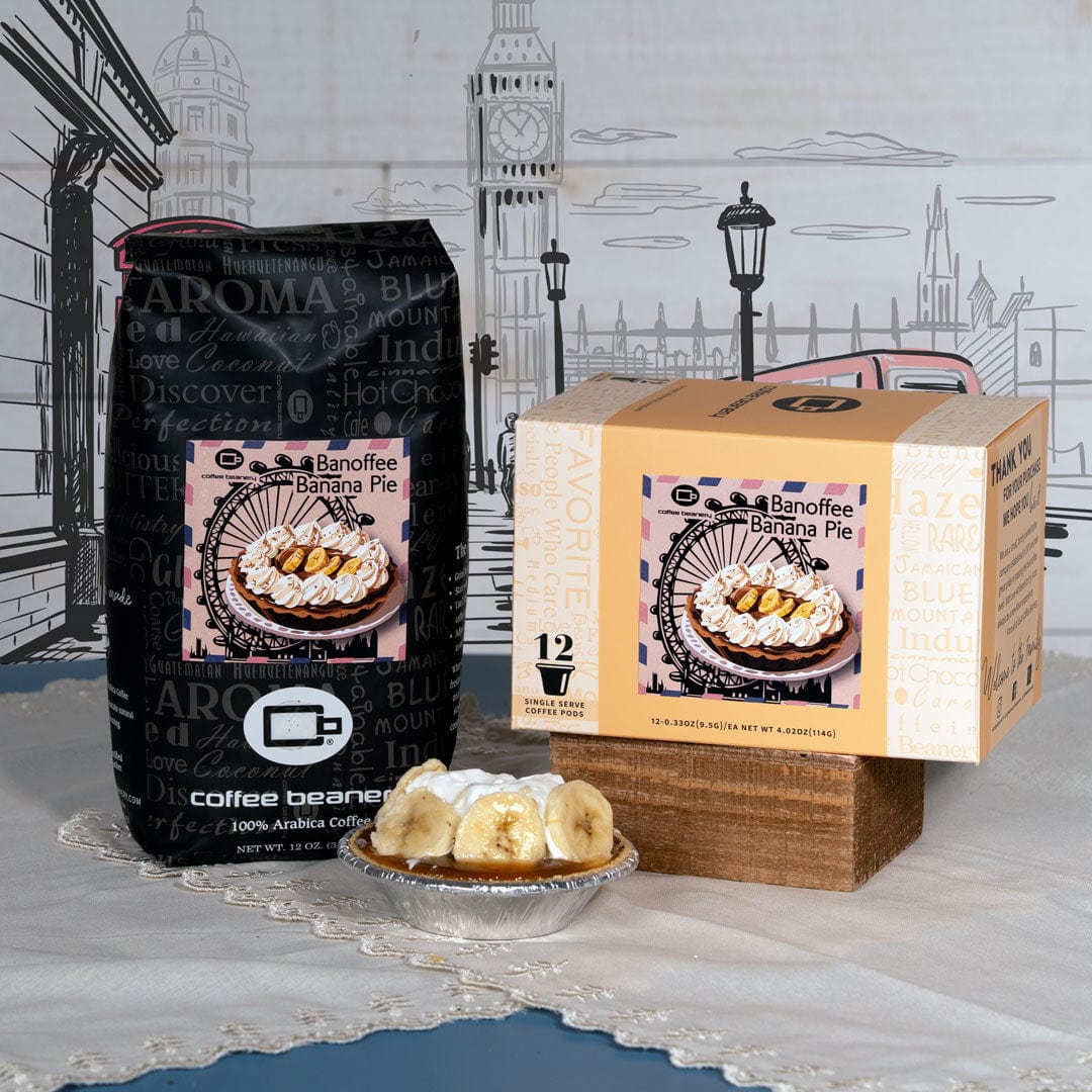 Coffee beans package and Banoffee Banana Pie with a cityscape background