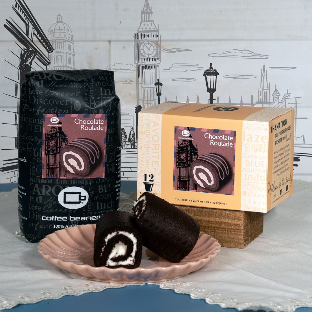 Chocolate roulade with packaging and a coffee bean bag against a cityscape background