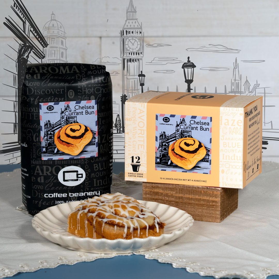 Coffee package and Chelsea Bun with a cityscape background