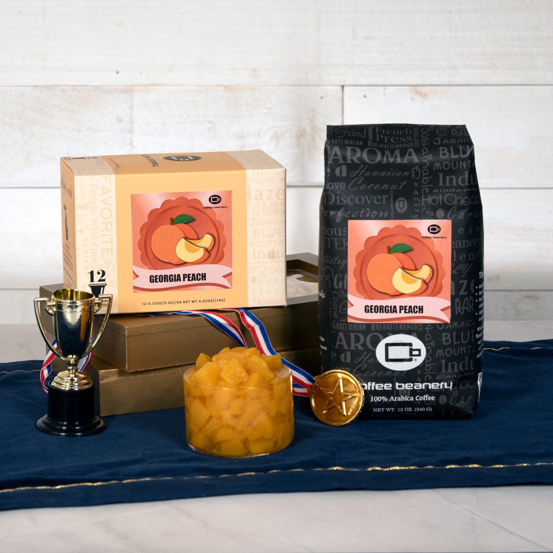 Georgia Peach Flavored Coffee Bag and Box of Coffee Pods