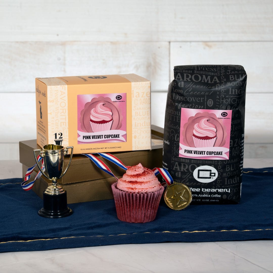 Pink Velvet Cupcake Flavored Coffee Bag and Box of Coffee Pods