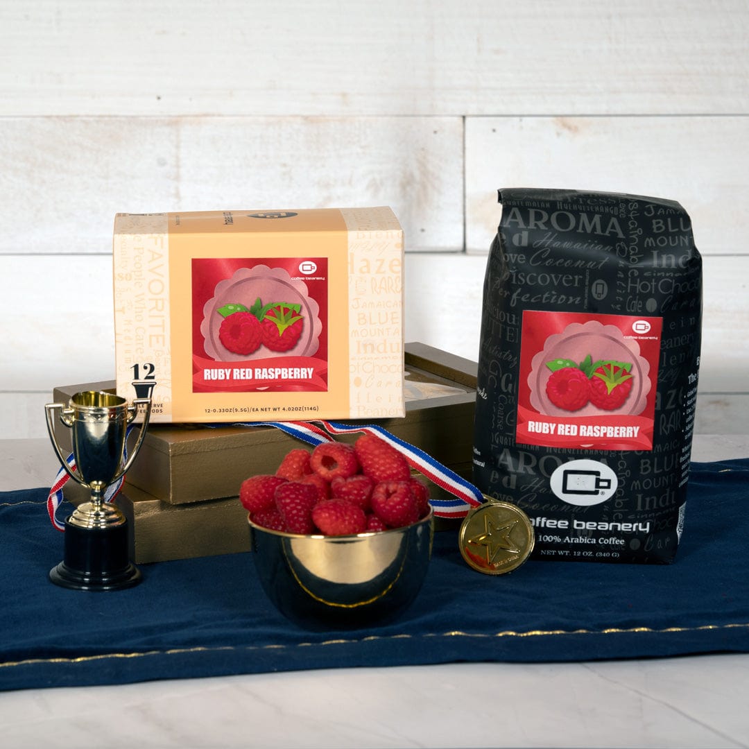 Red Ruby Raspberry Flavored Coffee Bag and Box of Coffee Pods