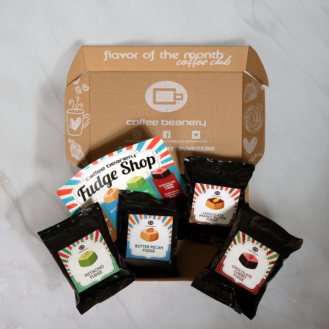 Coffee beanery flavor of the month box with fudge shop themed packaging on a marble surface