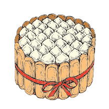 Illustration of a cake with white frosting and a red ribbon on a green background