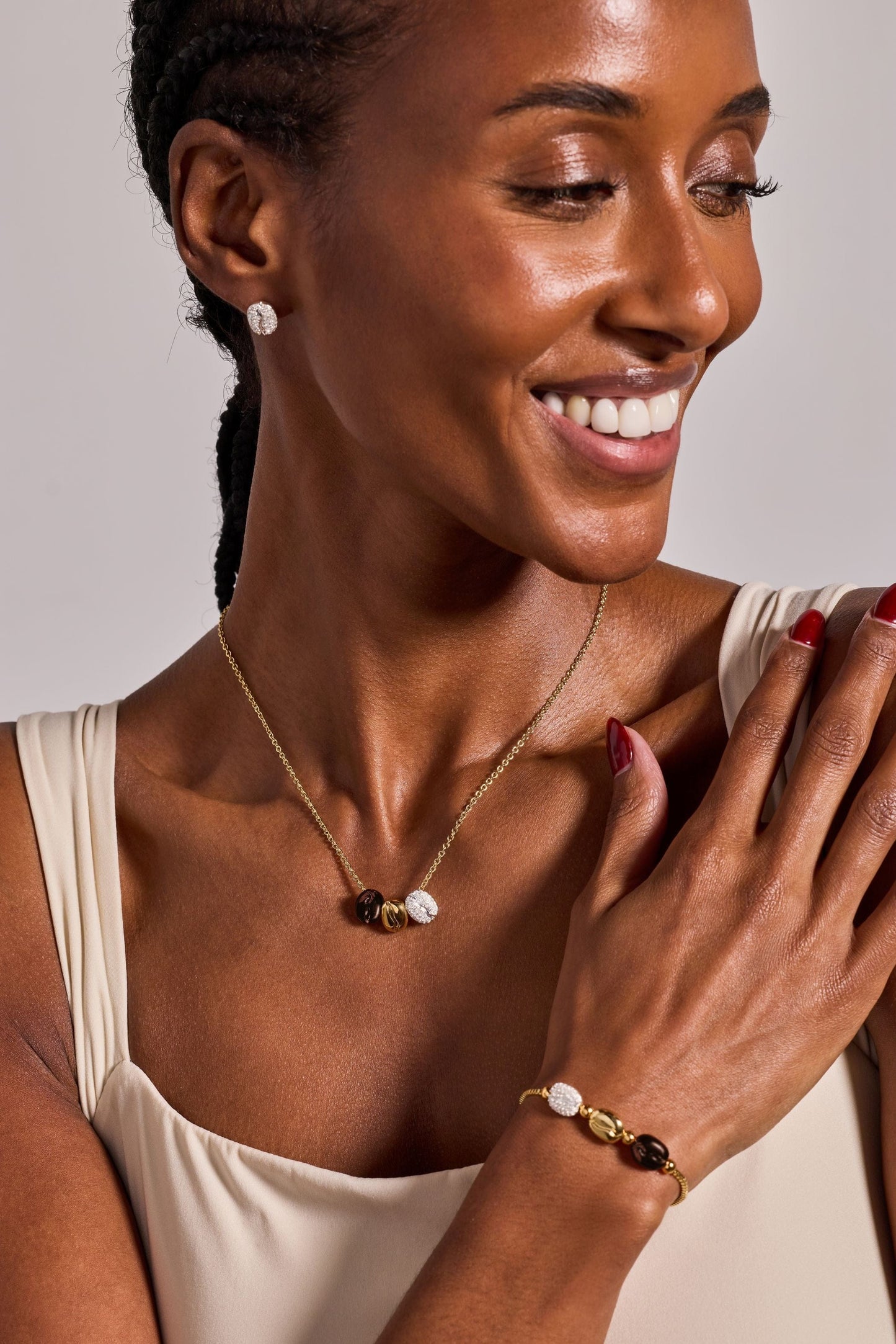 ALEX AND ANI Necklaces Tri-Tone Coffee Bean 'Happiness, Wealth, Health' Engraved Pendant Necklace