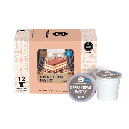12-count box of Opera Crème Pastry Flavored Coffee (October 2026) single-serve pods, decaf