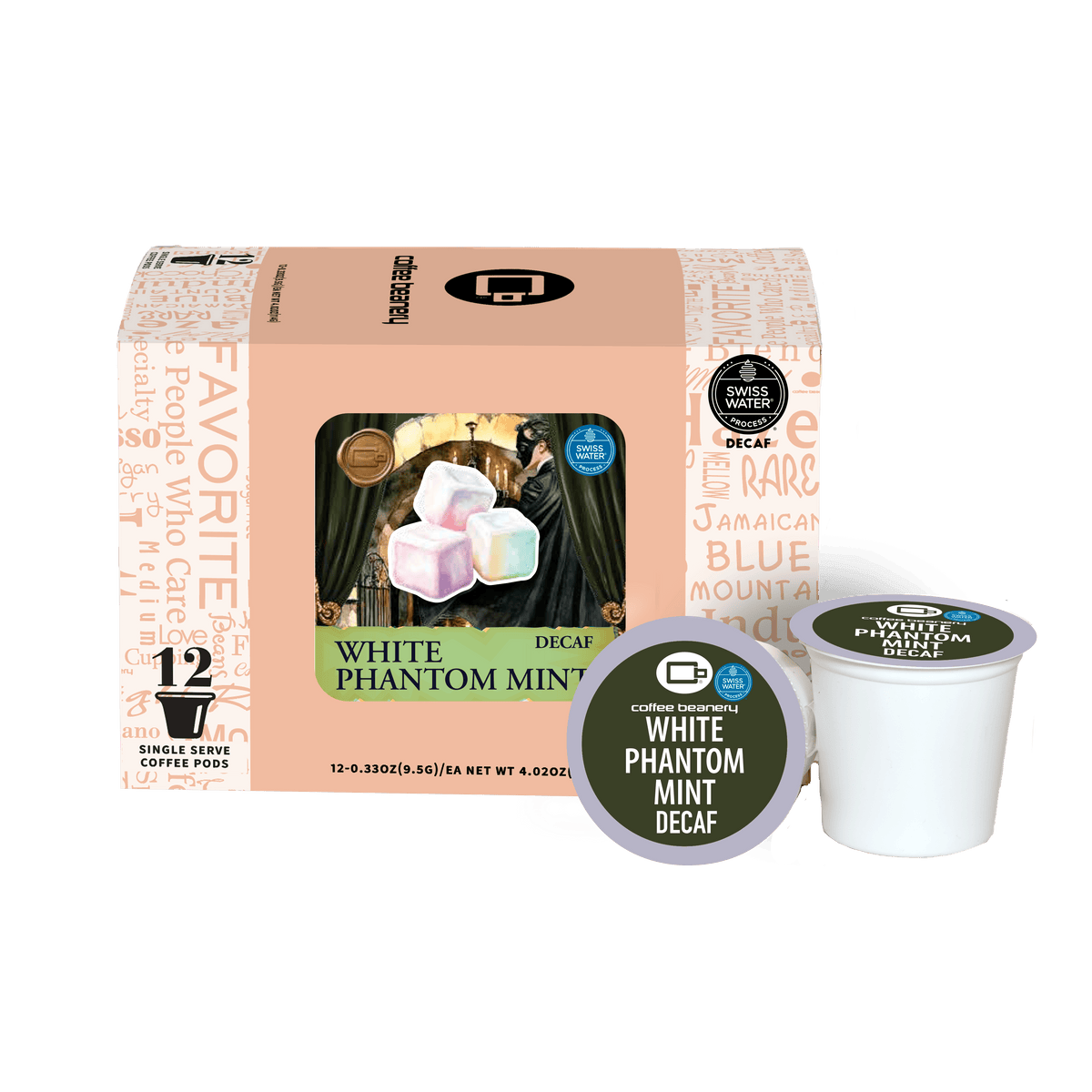 White Phantom Mint Flavored Coffee Pods (October 2026) from Coffee Beanery, decaf