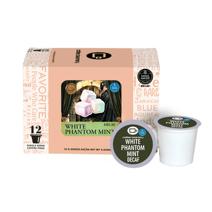White Phantom Mint Flavored Coffee Pods (October 2026) from Coffee Beanery, decaf