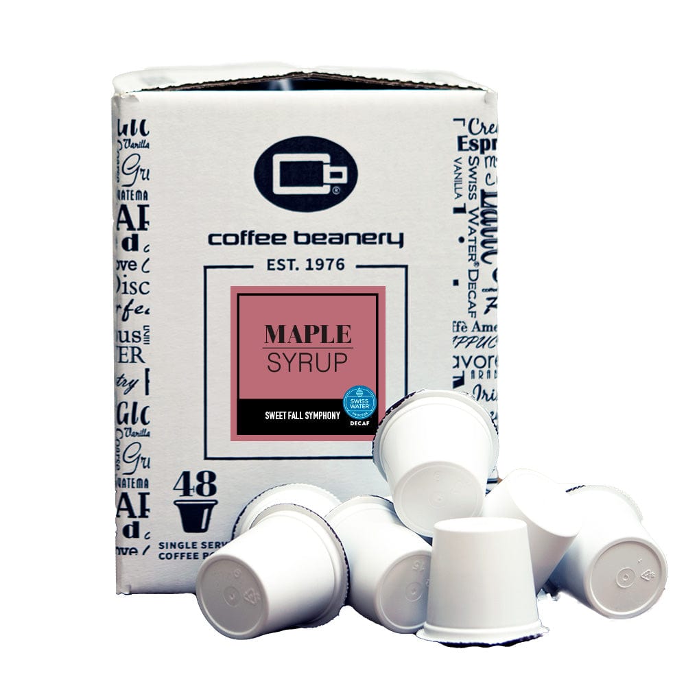 Coffee Beanery Flavored Coffee 48ct Bulk Pods / Automatic Drip Maple Syrup Flavored Swiss Water Process Decaf Coffee