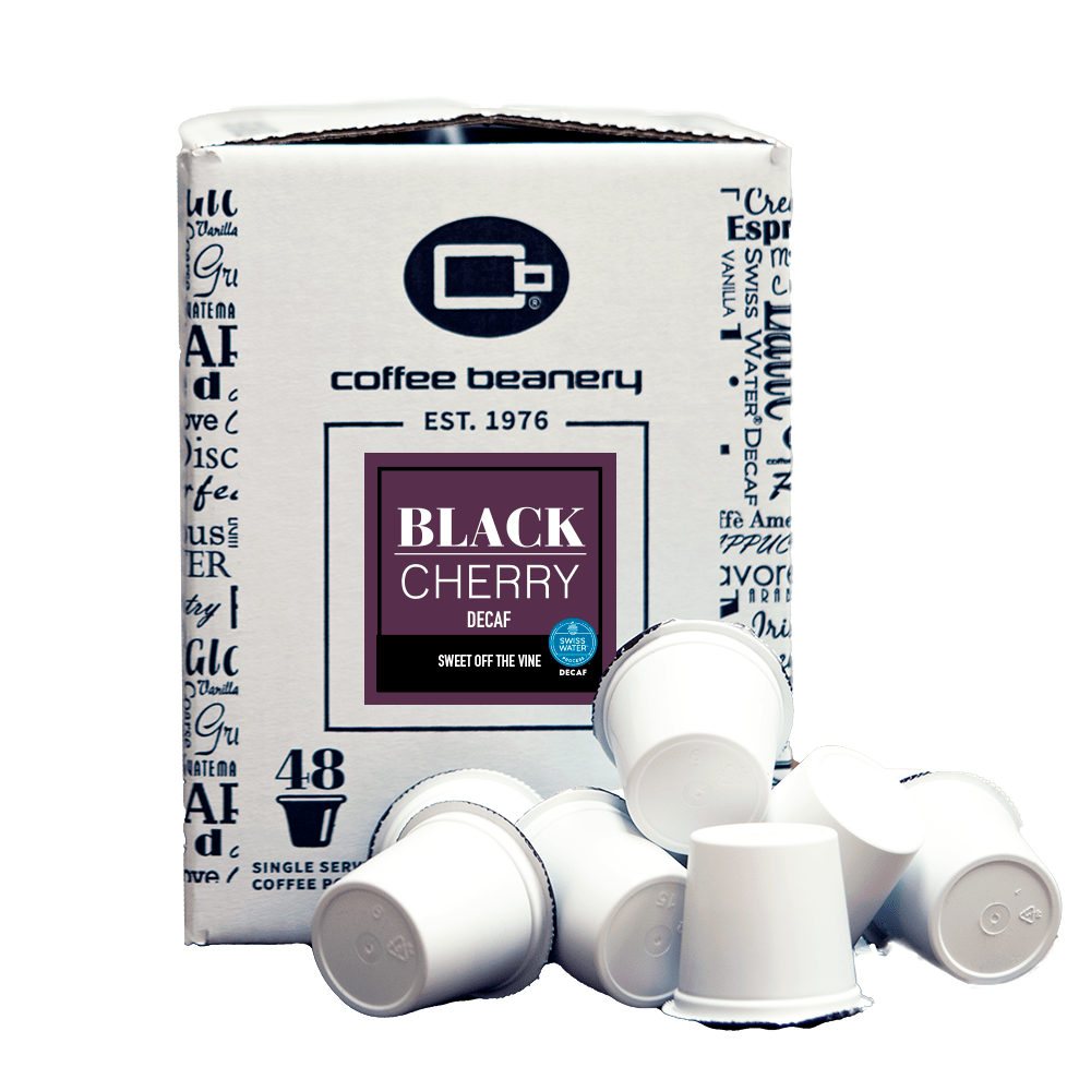 Coffee Beanery Flavored Decaf Coffee 48ct Bulk Pods / Automatic Drip Black Cherry Flavored Swiss Water Process Decaf Coffee