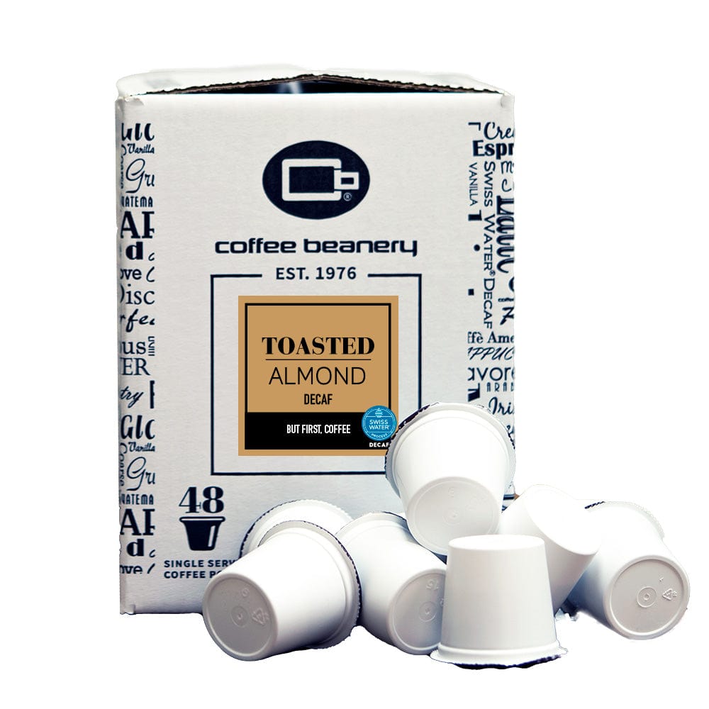 Coffee Beanery Flavored Decaf Coffee 48ct Bulk Pods / Automatic Drip Toasted Almond Flavored Swiss Water Process Decaf Coffee