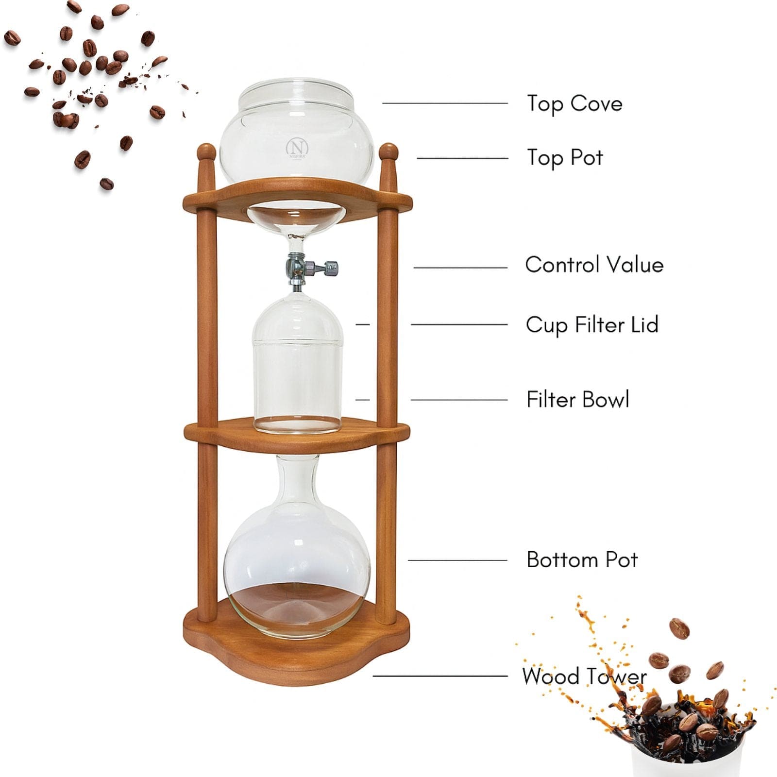 Nispira Coffee Maker Nispira Cold Brew coffee Maker Ice Coffee Drip Machine with Advanced Slow Drip Technology Borosilicate Glass with Wood Tower, 6-8 Cup, Brown