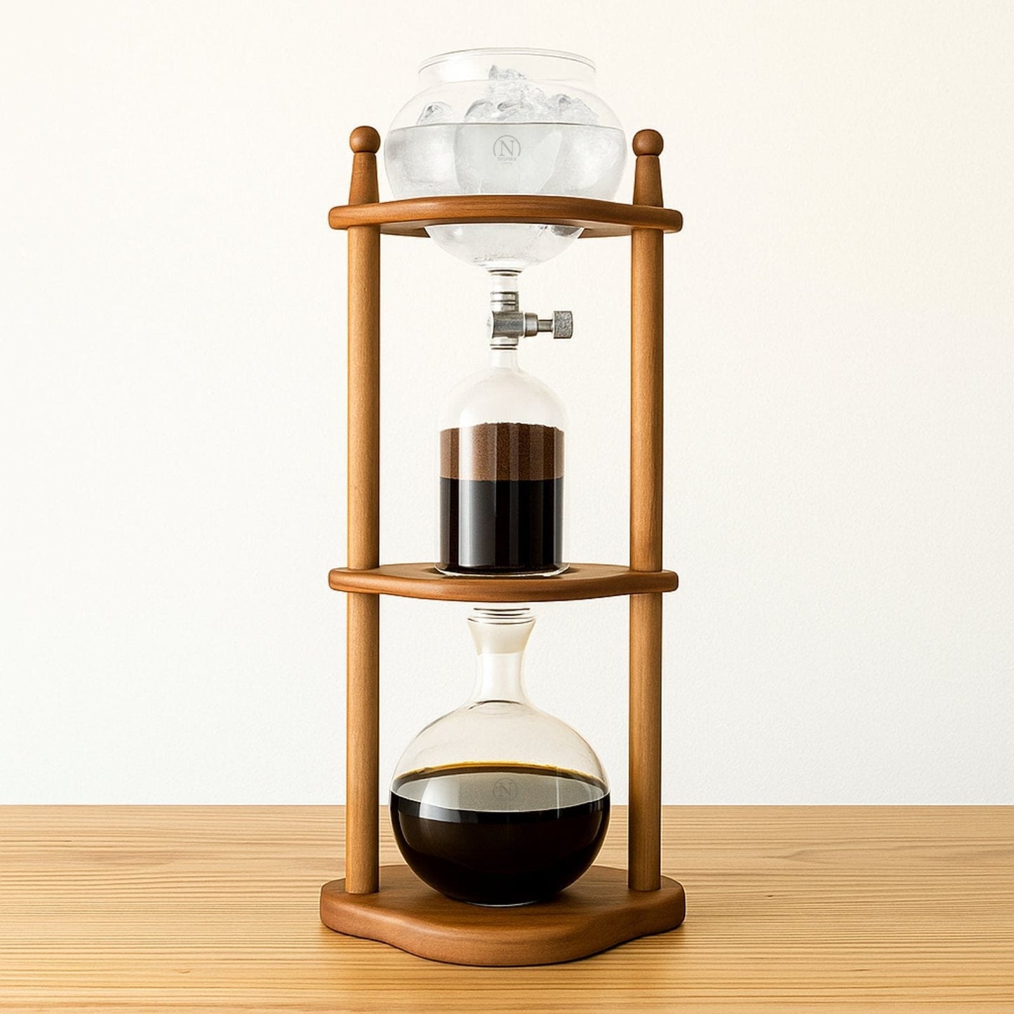 Nispira Coffee Maker Nispira Cold Brew coffee Maker Ice Coffee Drip Machine with Advanced Slow Drip Technology Borosilicate Glass with Wood Tower, 6-8 Cup, Brown
