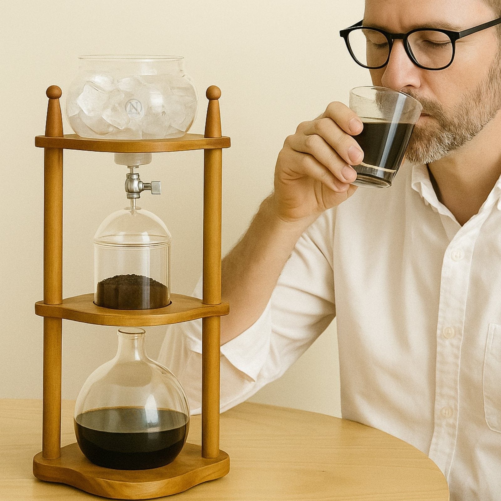 Nispira Coffee Maker Nispira Cold Brew coffee Maker Ice Coffee Drip Machine with Advanced Slow Drip Technology Borosilicate Glass with Wood Tower, 6-8 Cup, Brown